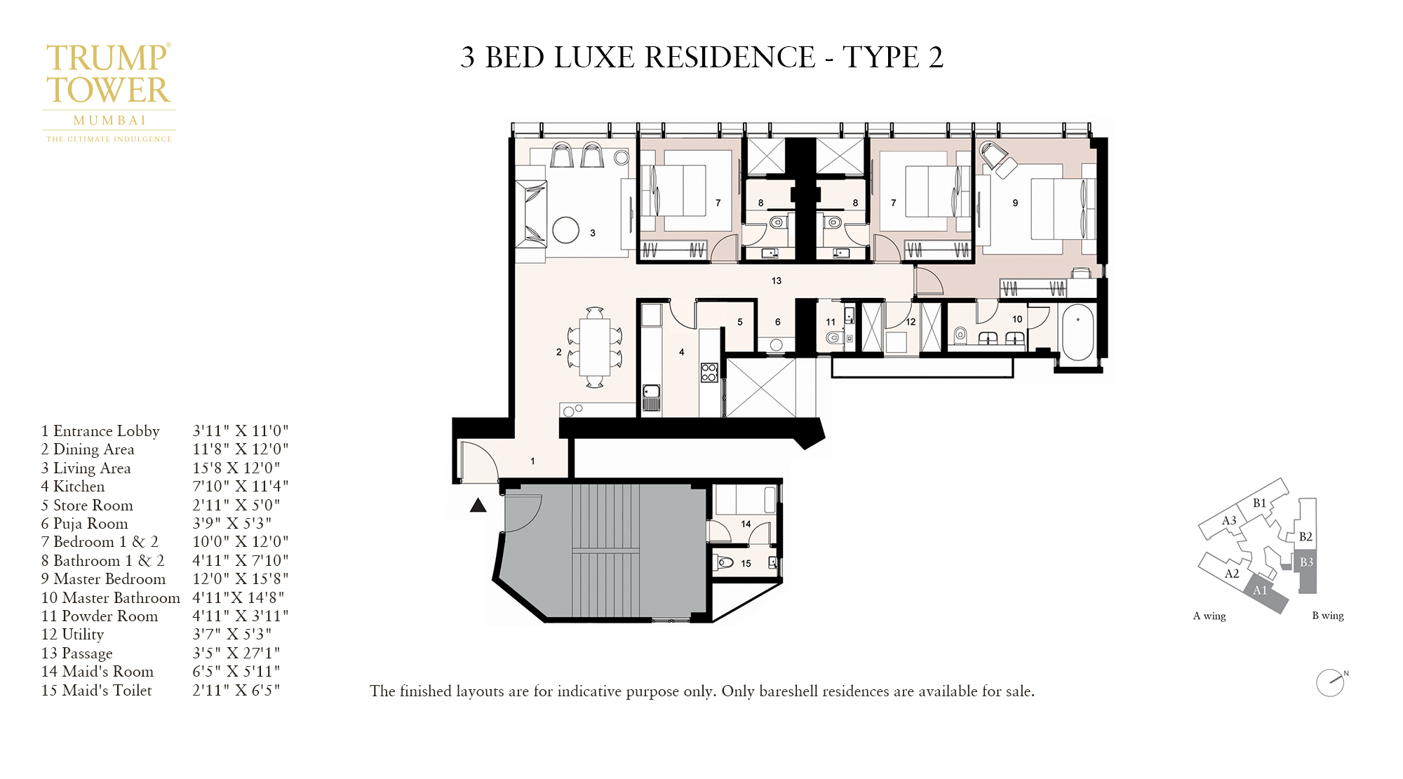 Lodha Trump Towers, Worli - Unit Plan of 4 BHK flats in Worli (Residence Type 2)