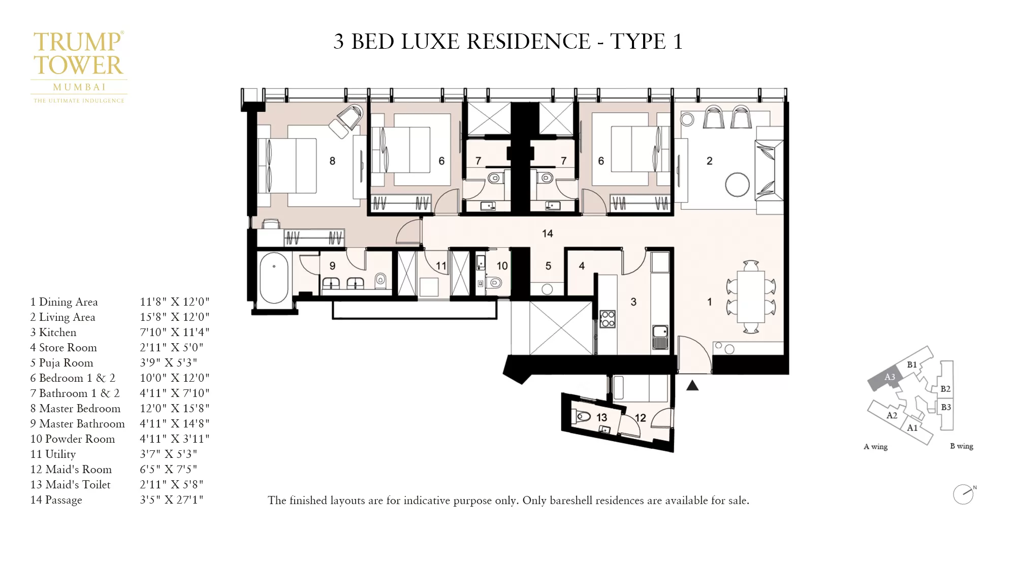Lodha Trump Towers, Worli - Unit Plan of 4 BHK flats in Worli (Residence Type 1)