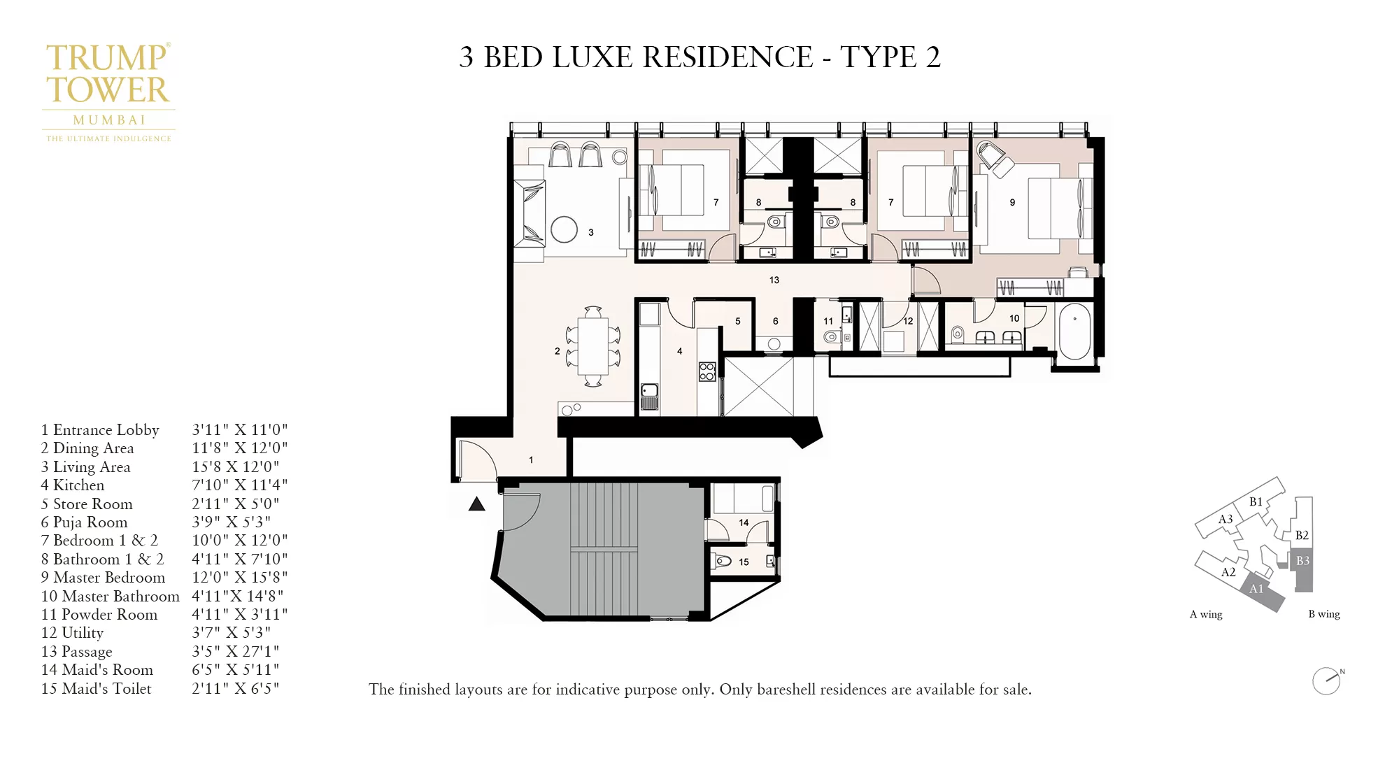 Lodha Trump Towers, Worli - Unit Plan of 4 BHK flats in Worli (Residence Type 2)