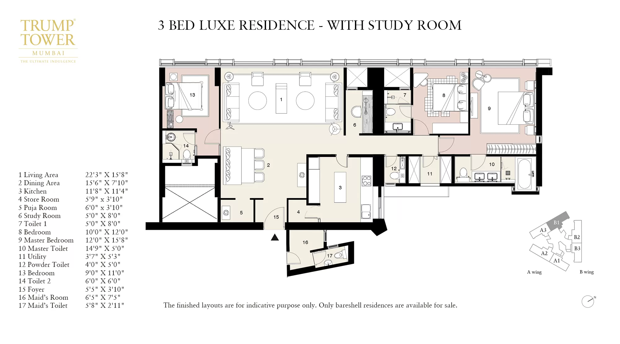 Lodha Trump Towers, Worli - Unit Plan of 3 BHK flats in Worli with study room